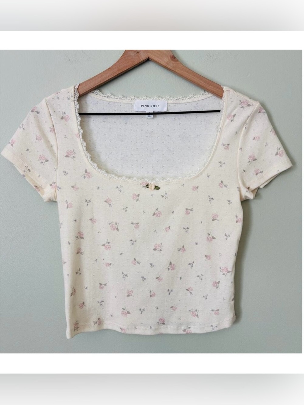 Pink Rose Cream Floral Lace-Trim Crop Top